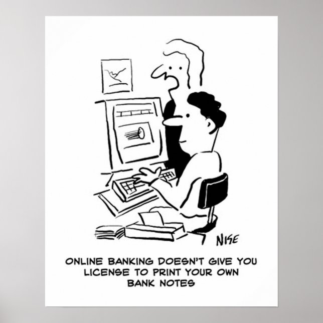 Mann druckt eigene Banknoten online Cartoon Poster (Vorne)