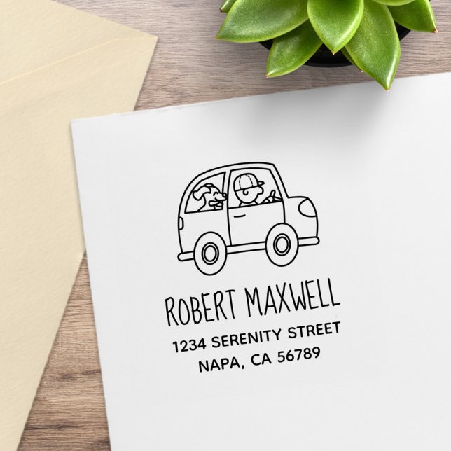 Mann fährt Auto mit Hund Adresse Gummistempel (Von Creator hochgeladen)