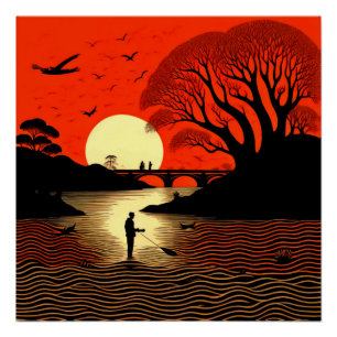 Mann fischen bei Sonnenuntergang Poster