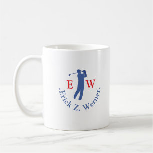 Mann Golfer Elegant Rot Blau Monogramm Kaffeetasse