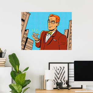 Mann im Comic-Stil betrachtet Mobiltelefon Poster