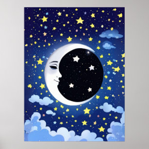 Mann im Mond vor einem sternenklaren Hintergrund  Poster