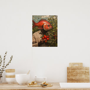 Mann mit Fisch Für einen Kopf im Tomatengarten Poster