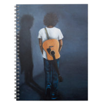 "Mann mit Gitarre", blaues und schwarzes Notizbuch