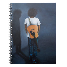 "Mann mit Gitarre", blaues und schwarzes Notizbuch Notizblock