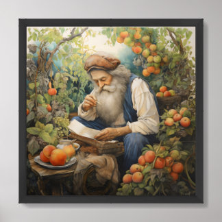 Mann mit grauem Bart, der in seinem Obstgarten lie Poster
