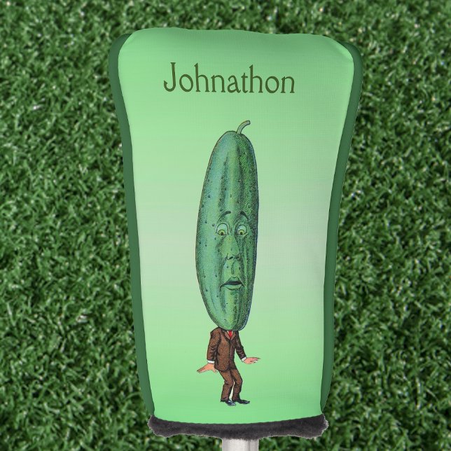 Mann mit großer Spitze für Kopf überraschend Gesic Golf Headcover (Silly man brown suit big green pickle head with face on light green golf club cover.)