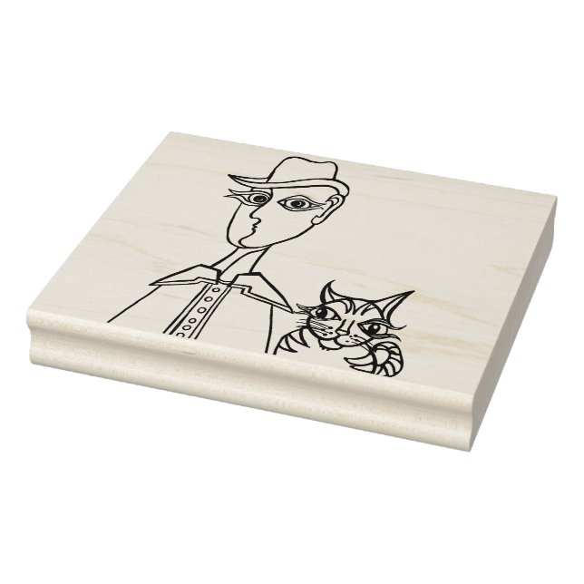 Mann mit Hut und Katze - Briefmarke der Holzkunst Gummistempel (Stempel)