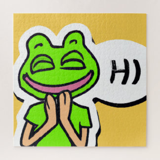 Mann mit lächelndem Froschkopf auf gelber KI Art