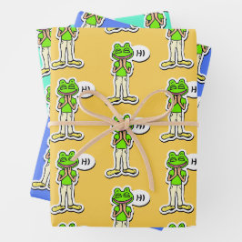 Mann mit lächelndem Froschkopf auf gelber KI Art Geschenkpapier Set