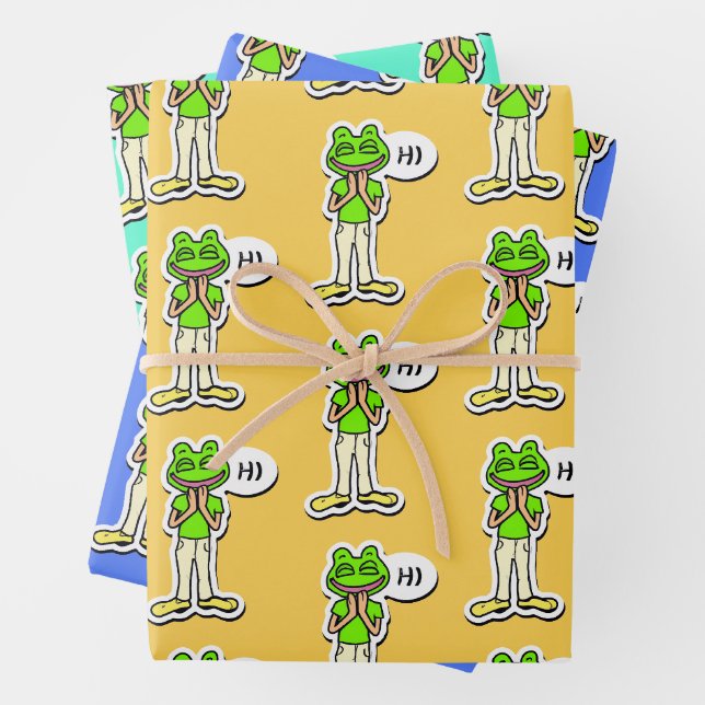 Mann mit lächelndem Froschkopf auf gelber KI Art Geschenkpapier Set (Beispiel)