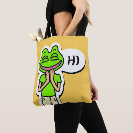 Mann mit lächelndem Froschkopf auf gelber KI Art Tasche