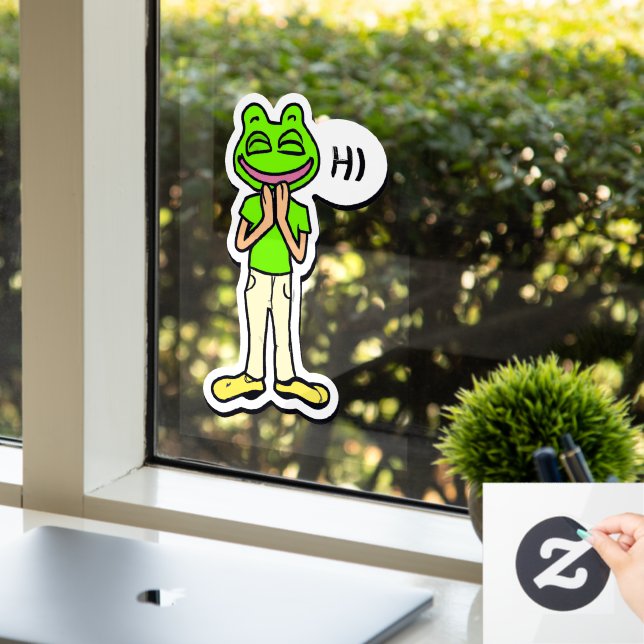 Mann mit lächelndem Froschkopf auf gelber KI Fensteraufkleber (Büro)