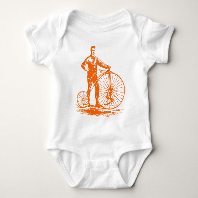 Mann mit Penny Farthing - Orange Baby Strampler (Vorderseite)