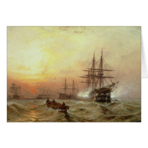 Mann-o' Krieg, der einen Gruß am Sonnenuntergang