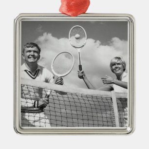 Mann und Frau beim Tennisspielen Silbernes Ornament