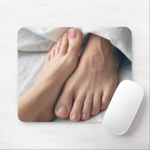 Mann und Frauenfuß auf einem weißen Bettblech Mousepad