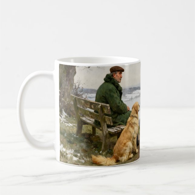 Mann und Hund genießen den winterlichen Landschaft Kaffeetasse (Links)
