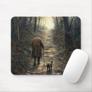 Mann und sein Hund gehen bergauf in einem dunklen Mousepad