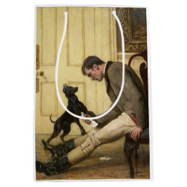Mann und sein Hundeschenksack Mittlere Geschenktüte