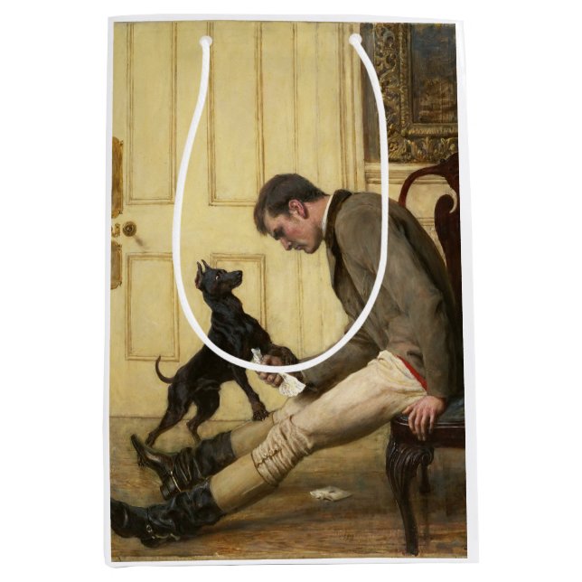 Mann und sein Hundeschenksack Mittlere Geschenktüte (Vorderseite)
