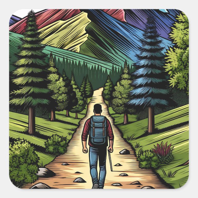 Mann Wandern Quadratischer Aufkleber (Vorderseite)