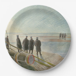 Männer am Strand (gefährliche Arbeit bei Ebbe) Pappteller