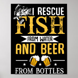 Männer retten Fische aus dem Wasser und Bier aus F Poster