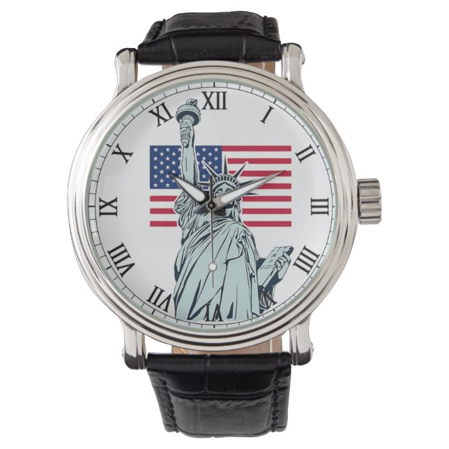 Männerbeobachtung mit US-Flagge und Freiheitsstatu Armbanduhr (Vorderseite)