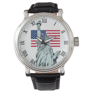 Männerbeobachtung mit US-Flagge und Freiheitsstatu Armbanduhr