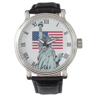 Männerbeobachtung mit US-Flagge und Freiheitsstatu Armbanduhr