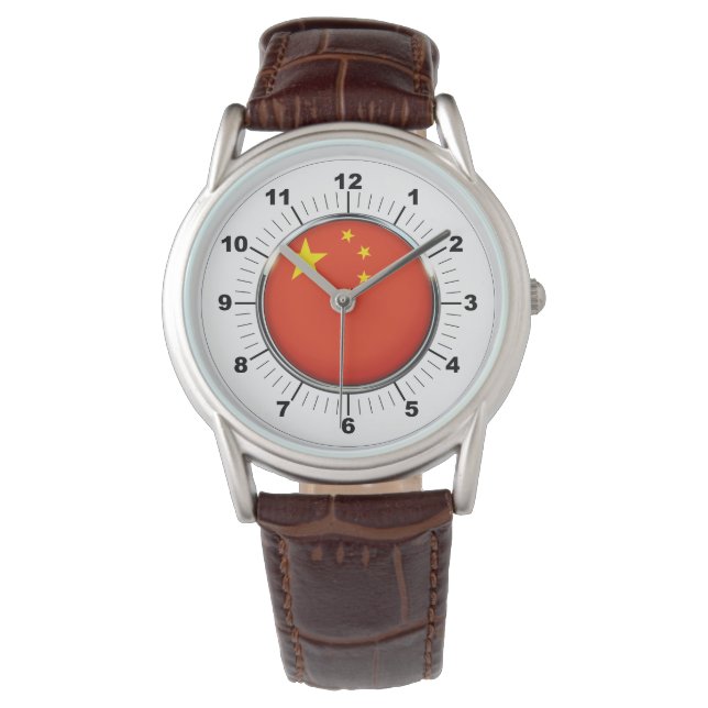 Männerflagge - Klassische China aus braunem Leder Armbanduhr (Vorderseite)