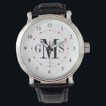 Männerklasse Personalisierte Monogrammüberwachung Armbanduhr<br><div class="desc">Elegante und klassische, saubere und einfache, kundenspezifische mit Monogramm Uhren für den besonderen Mann auf Ihrer Geschenkliste. Klassisch leicht lesbare Zahlen mit grauen Hashmarken und roten Punkten auf weißem Gesicht. Fett und ausgeklügelt für traditionelle Stillemen - klicken Sie auf Anpassen, um die Hintergrundfarbe, die Größe des Schriftartes, den Stil oder...</div>