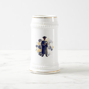 Männliche Abschluss-Silhouette mit Blumen Bierglas