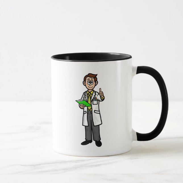 Männliche Ärztin gibt die Kaffeekochen-Tasse an Tasse (Rechts)