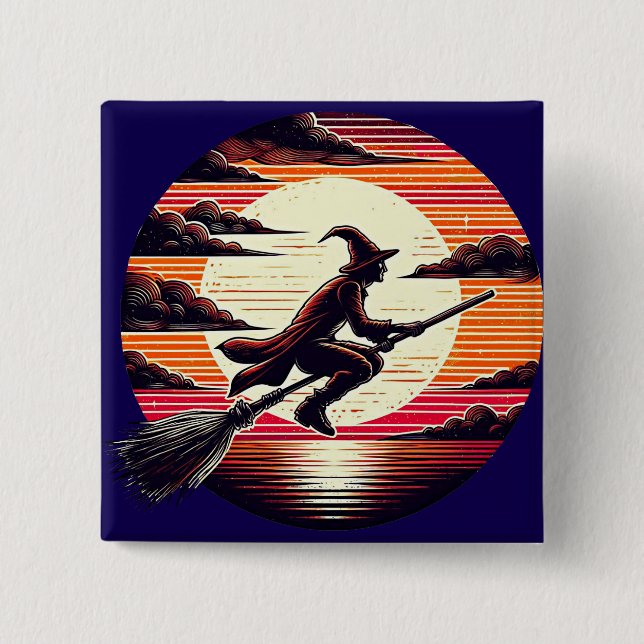 Männliche Hexe reitet Broom in der Kunst-Illustrat Button (Vorderseite)