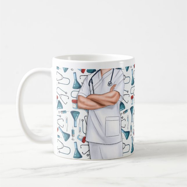 Männliche Krankenschwester Weiße Scrubs Personalis Kaffeetasse (Links)