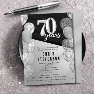 Männliche schwarze Silberballons 70. Geburtstag Einladung