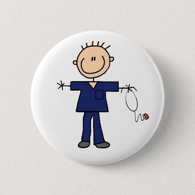 Männliche Strichmännchen-Krankenschwester - Blau Button (Vorderseite)