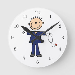 Männliche Strichmännchen-Krankenschwester - Blau Runde Wanduhr