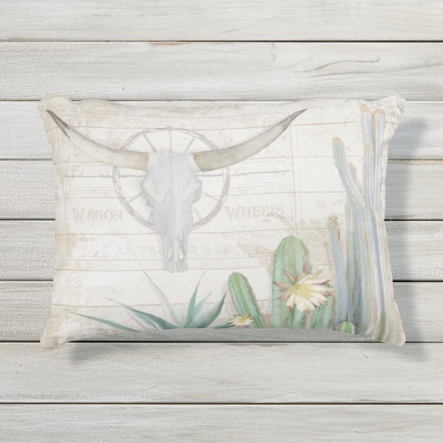 Männlicher Dekor-Longhorn-Kuh-Schädel-hölzerne Kissen Für Draußen (Vorderseite)