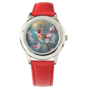 Männlicher Kardinal im Mondlicht Kirschblüten Armbanduhr
