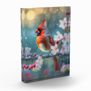 Männlicher Kardinal im Mondlicht Kirschblüten Fotoblock