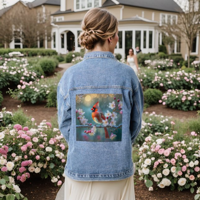 Männlicher Kardinal im Mondlicht Kirschblüten Jeansjacke (Hochzeit Rückseite)