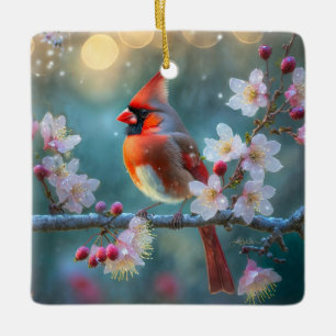 Männlicher Kardinal im Mondlicht Kirschblüten Keramikornament
