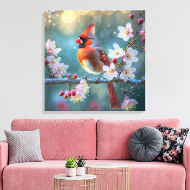 Männlicher Kardinal im Mondlicht Kirschblüten Leinwanddruck (Insitu (Wohnzimmer))