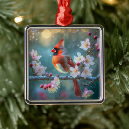 Männlicher Kardinal im Mondlicht Kirschblüten Ornament Aus Metall