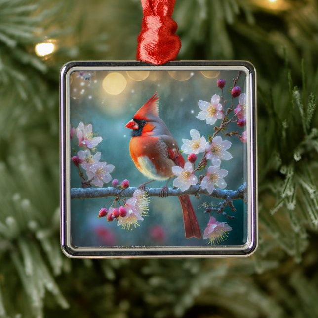 Männlicher Kardinal im Mondlicht Kirschblüten Ornament Aus Metall (Baum)