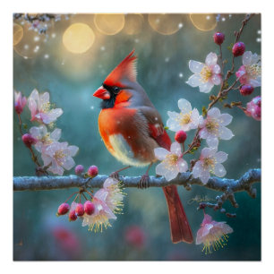 Männlicher Kardinal im Mondlicht Kirschblüten Poster