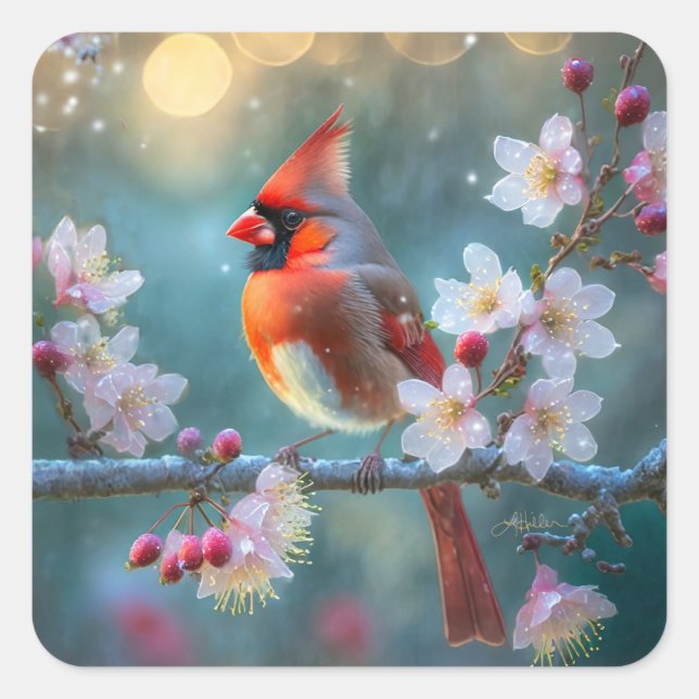 Männlicher Kardinal im Mondlicht Kirschblüten Quadratischer Aufkleber (Vorderseite)